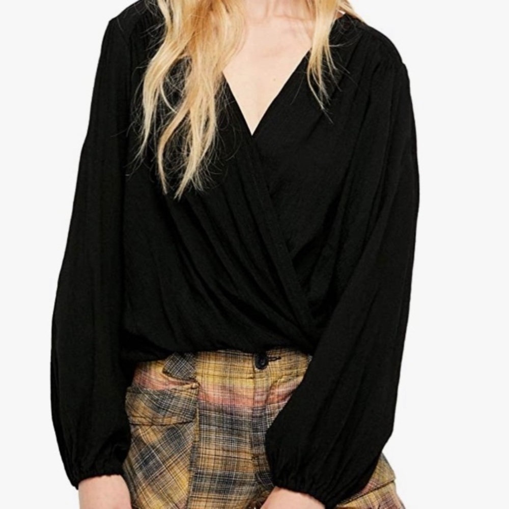 FREE People Black Check On It Wrap Top